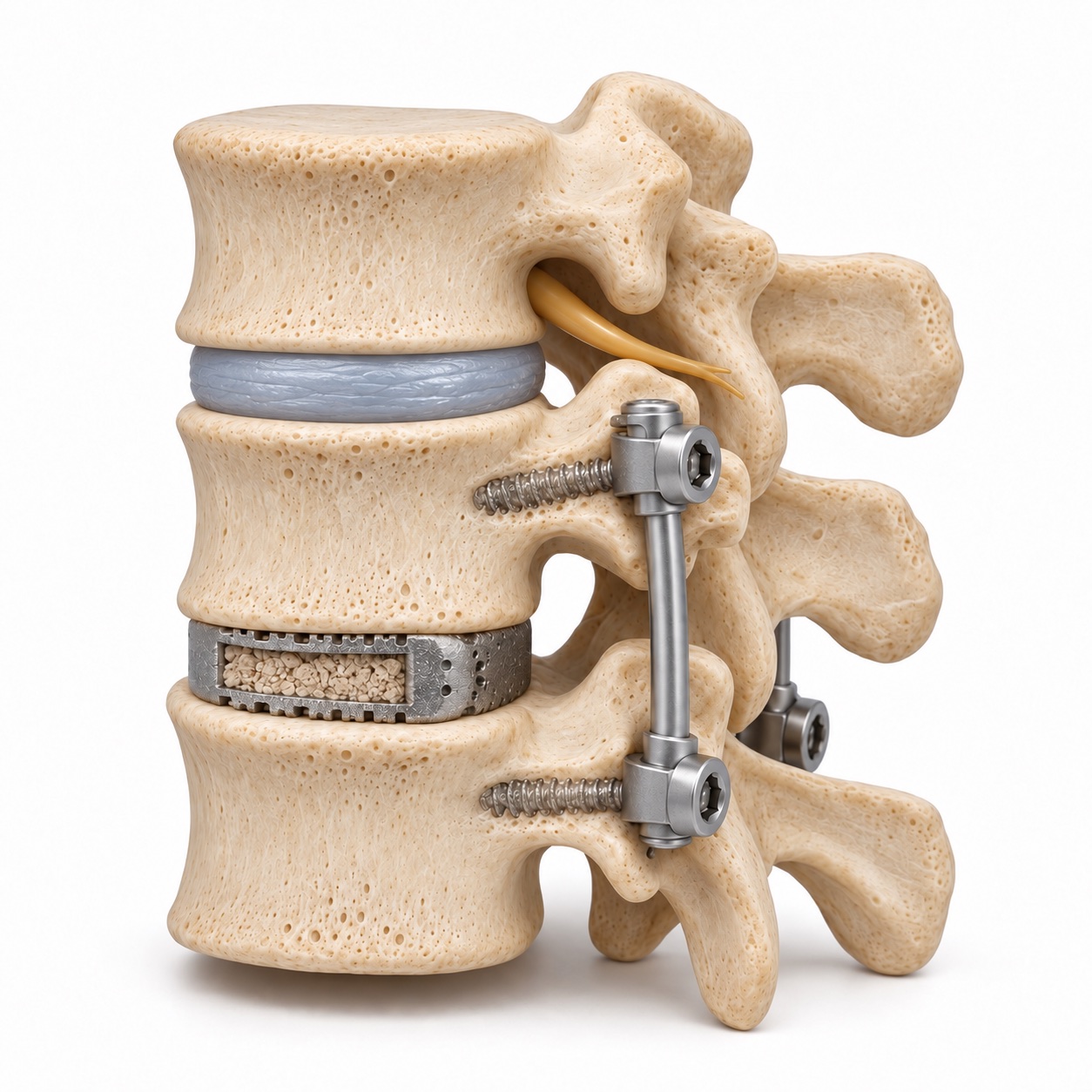 Model of a prior lumbar fusion with a well-preserved natural disc immediately above it