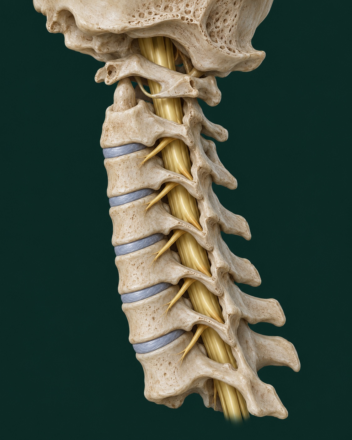Medical cutaway illustration of the neck beneath the skull, showing ivory vertebrae, blue-gray discs between the bones, and the gold spinal cord with branching nerves.