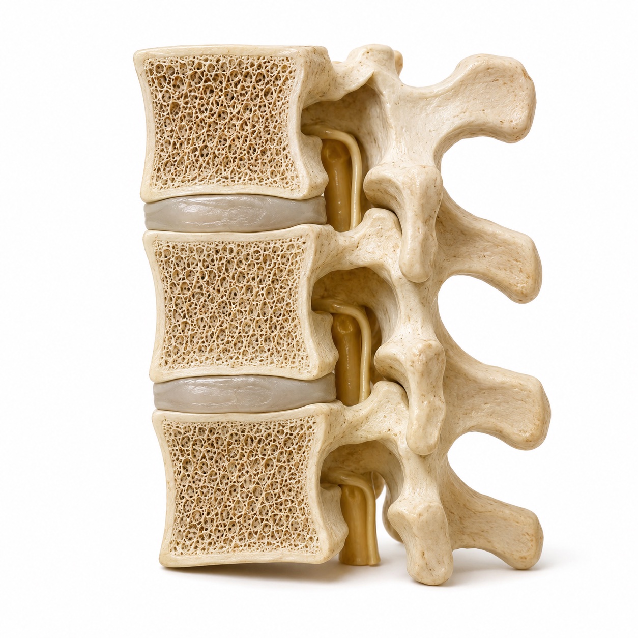 Healthy comparison: three full-height vertebral bodies with intact front and back walls and discs between them.