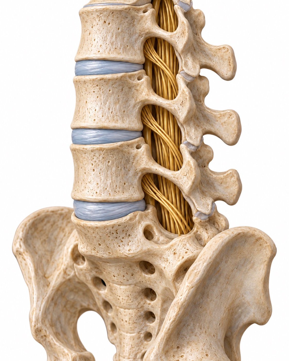 Anatomical illustration of lumbar vertebrae, discs, and nerve roots above the pelvis.