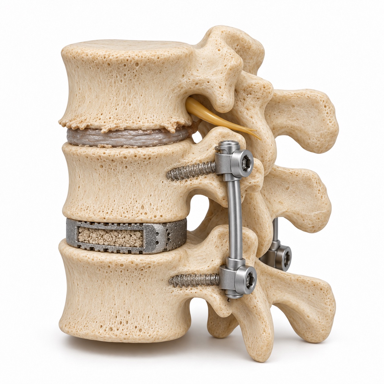 Model showing a narrowed disc above an existing lumbar fusion