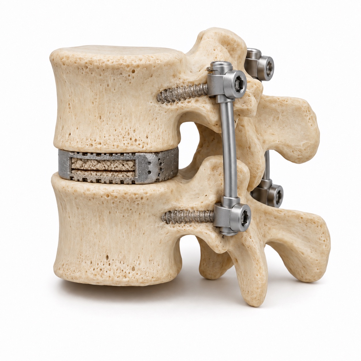 Lumbar fusion model with an illustrative gap through the graft inside the cage