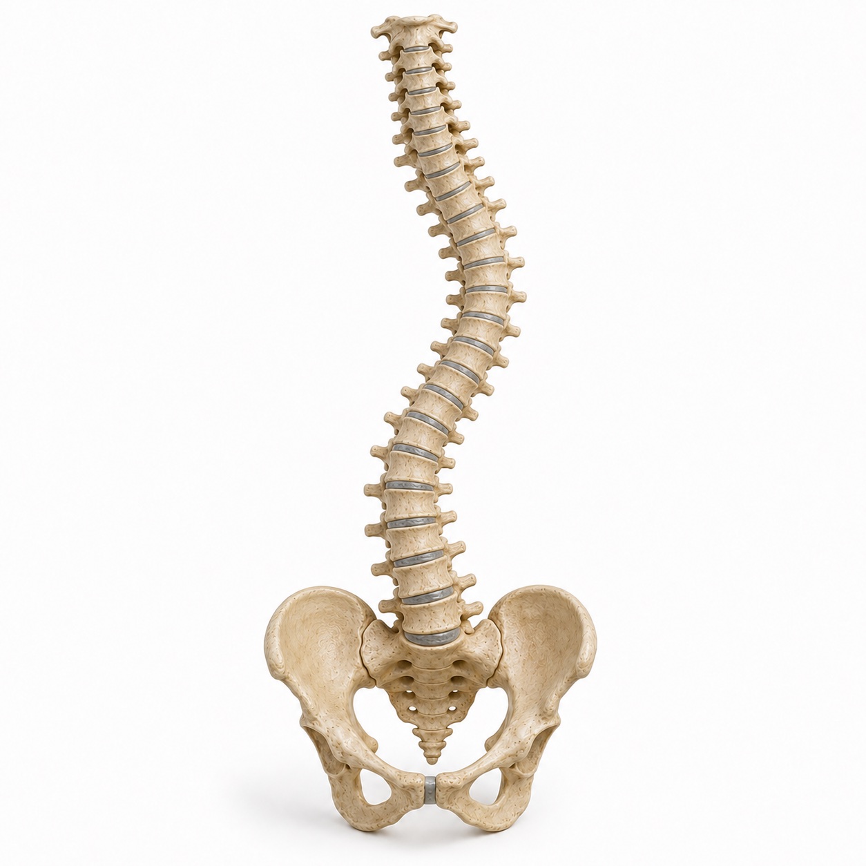 Front-view spine model with an S-shaped curve and pelvis
