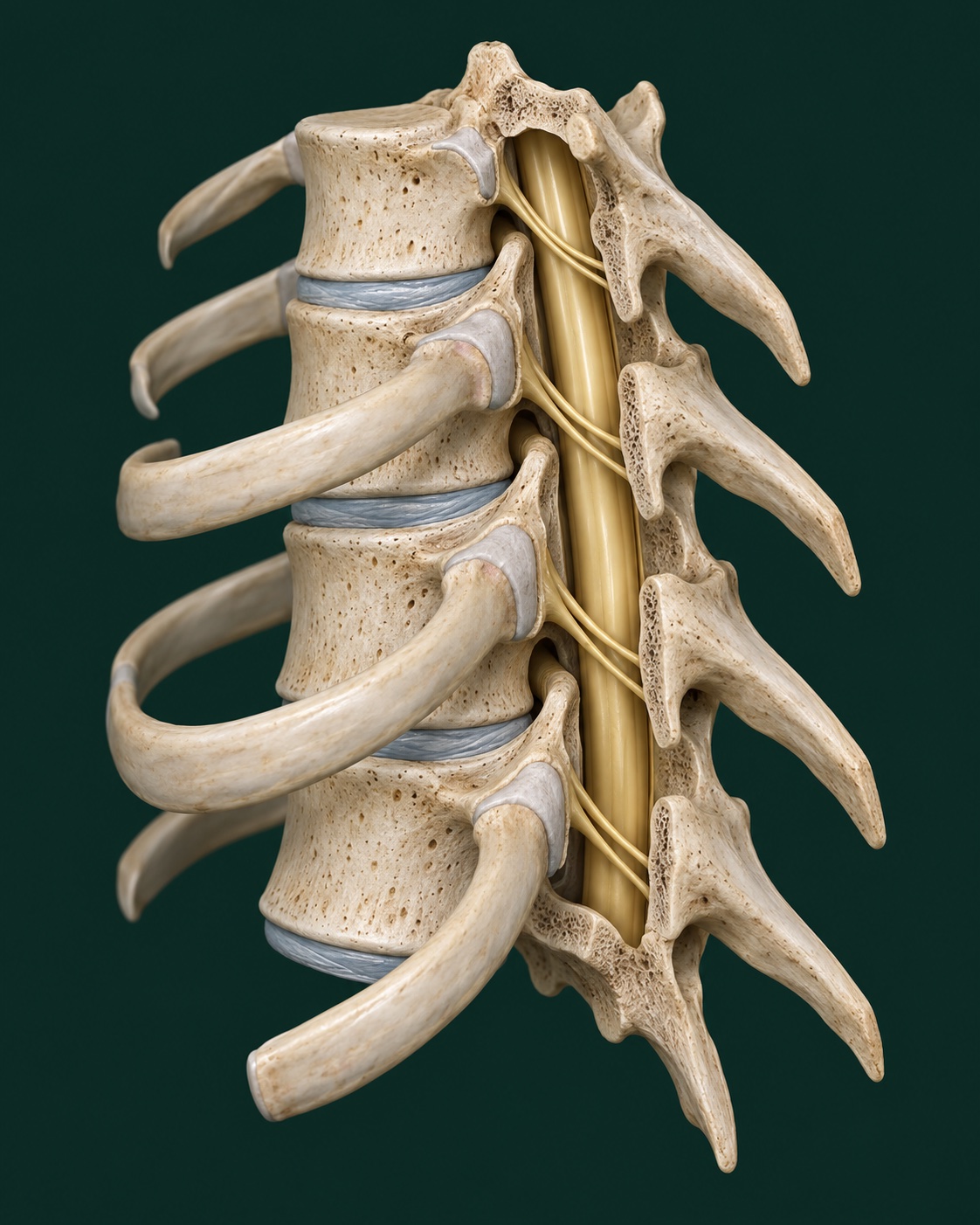 Medical cutaway of a mid-back segment, showing thoracic vertebrae, discs, the gold spinal cord, and ribs attached to the spine.